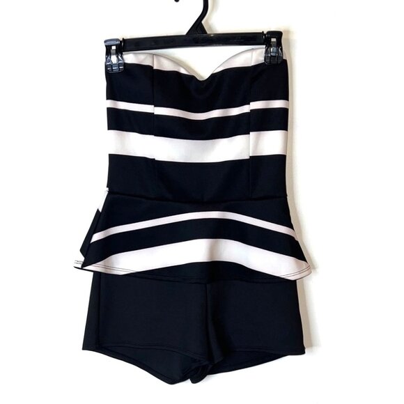 Joyce Leslie Black & White Striped Peplum Romper Strapless Medium - Picture 1 of 4